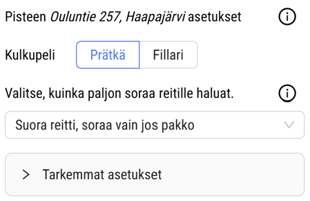 pisteen asetukset näkyvissä